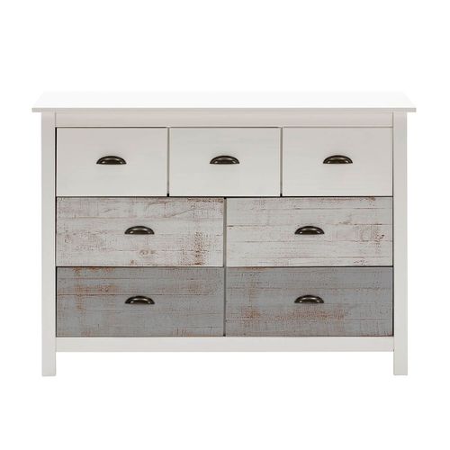 Commode 7 Tiroirs Bois Aspect Vieilli Blanc Et Grisé - Rosalia