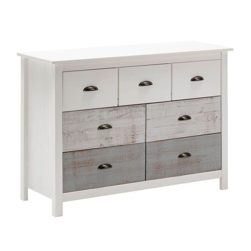 Commode 7 Tiroirs Bois Aspect Vieilli Blanc Et Grisé - Rosalia