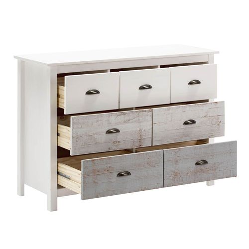 Commode 7 Tiroirs Bois Aspect Vieilli Blanc Et Grisé - Rosalia