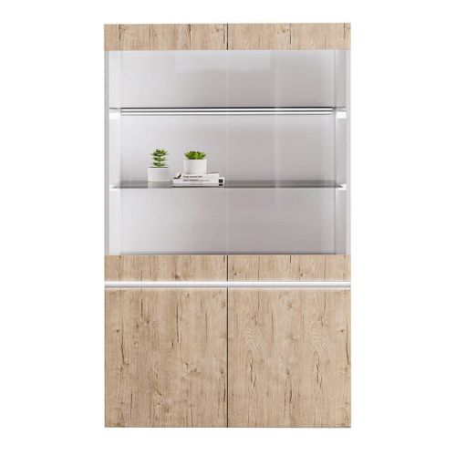 Chris Oak - Séjour Complet Avec Vitrine 2p Laqué Blanc Brillant Aspect Bois