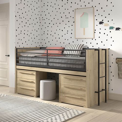 Lit Surélevé Combiné 90x200cm Plateau Coulissant Avec Rangements 3t Aspect Chêne - Marco