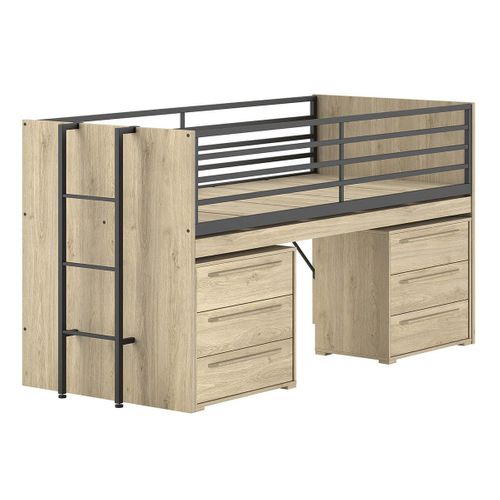 Lit Surélevé Combiné 90x200cm Plateau Coulissant Avec Rangements 3t Aspect Chêne - Marco