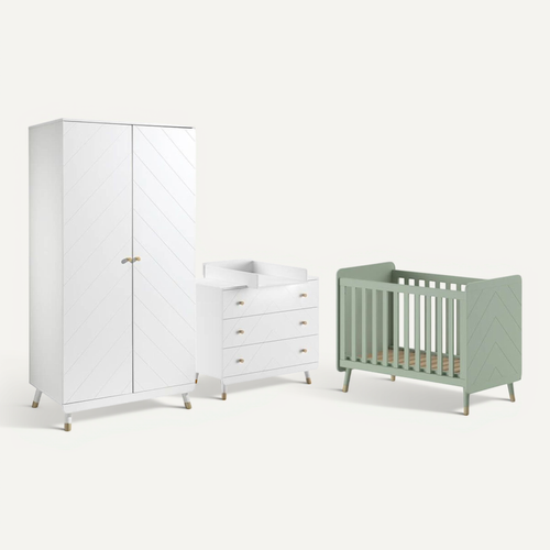 Chambre Avec Lit Bébé Vert + Table à Langer + Armoire 2 Portes - Tiny White