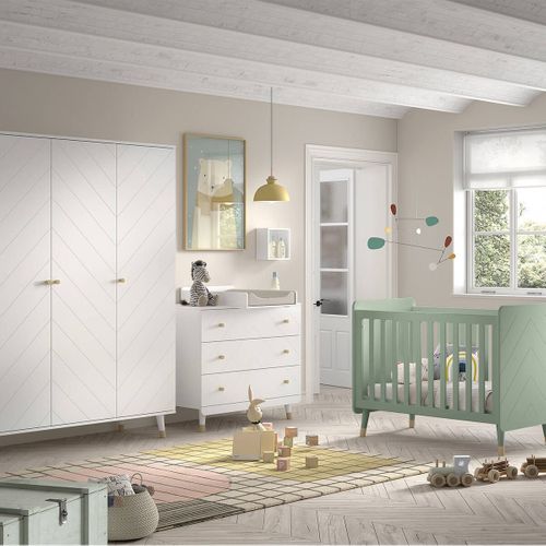 Tiny White - Chambre Avec Lit Bébé Vert + Table à Langer + Armoire 3 Portes