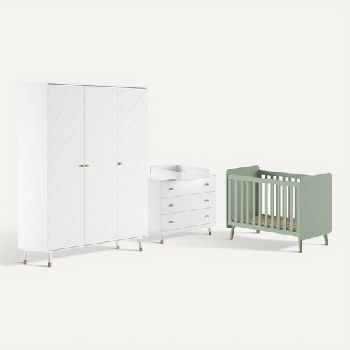 Tiny White - Chambre Avec Lit Bébé Vert + Table à Langer + Armoire 3 Portes