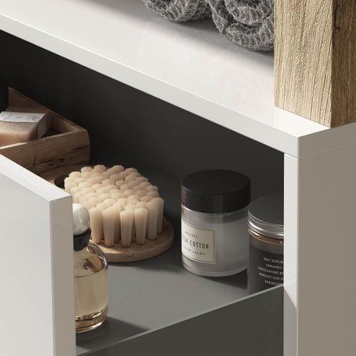 Meuble Vasque 110cm 2 Tiroirs Blanc Laqué Et Aspect Bois Finition Cadiz - Arturo
