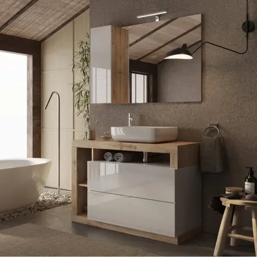 Meuble Vasque 110cm 2 Tiroirs Blanc Laqué Et Aspect Bois Finition Cadiz - Arturo