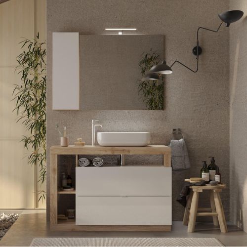 Meuble Vasque 110cm 2 Tiroirs Blanc Laqué Et Aspect Bois Finition Cadiz - Arturo