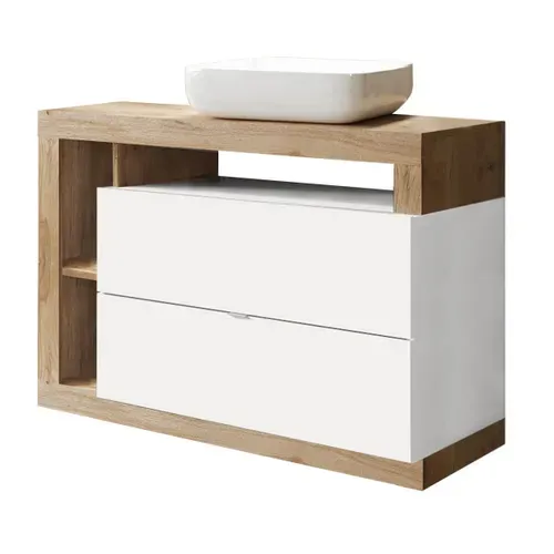 Meuble Vasque 110cm 2 Tiroirs Blanc Laqué Et Aspect Bois Finition Cadiz - Arturo