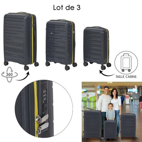 Lot De 3 Valises Grises Zip Jaune Fluo Avec Roues Pivotantes 360°, Cadenas Sécurisé à Code - Vespia