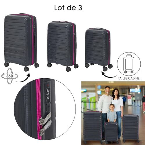 Lot De 3 Valises Grises Zip Rose Fluo Avec Roues Pivotantes 360°, Cadenas Sécurisé à Code - Vespia