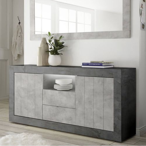 Buffet 2 Portes 2 Tiroirs Et 1 Niche Gris Aspect Cimento Et Oxyde - Paolino