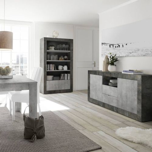 Buffet 2 Portes 2 Tiroirs Et 1 Niche Gris Aspect Cimento Et Oxyde - Paolino