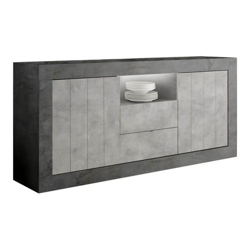 Buffet 2 Portes 2 Tiroirs Et 1 Niche Gris Aspect Cimento Et Oxyde - Paolino