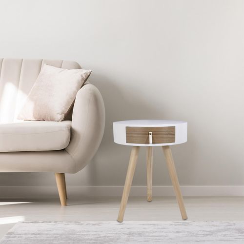 Chevet Rond 1 Tiroir Blanc Et Effet Bois Style Scandinave Vintage - Mealia