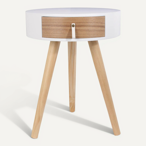 Chevet Rond 1 Tiroir Blanc Et Effet Bois Style Scandinave Vintage - Mealia