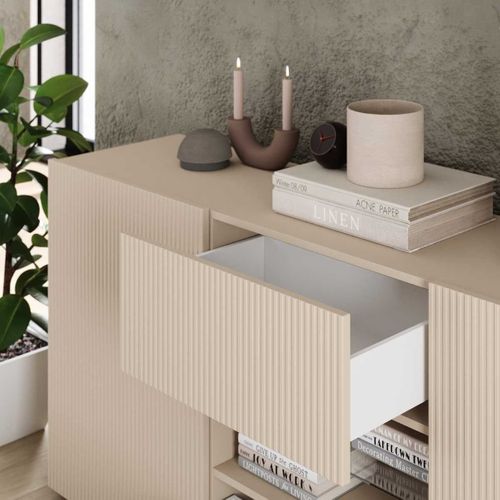 Buffet 2 Portes 2 Tiroirs Beige Façades Relief à Stries Verticales - Janeiro Beige