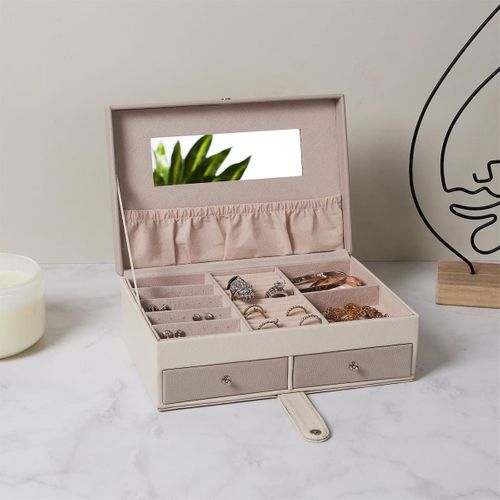 Boîte à Bijoux Blanche Et Rose En Polyuréthane Avec Miroir Et 2 Tiroirs -