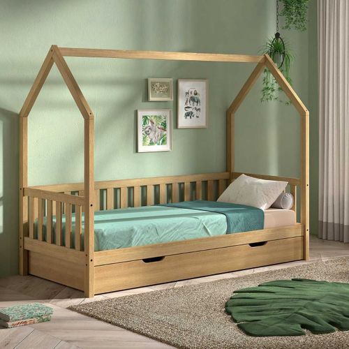 Lit Cabane à Barrière 90x200 Avec Tiroir En Chêne Massif - Leiky