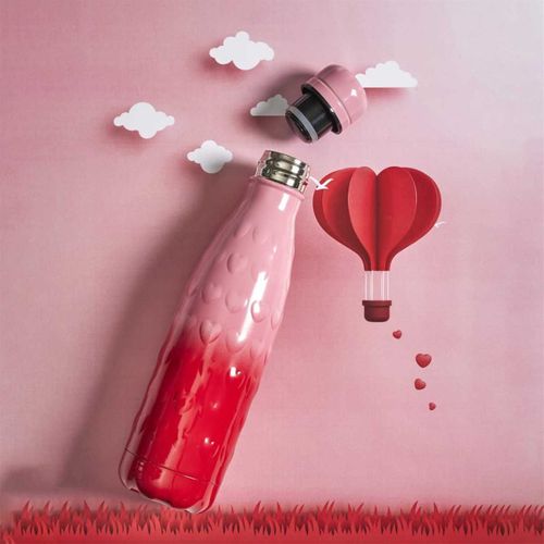 Bouteille De Transport Isotherme 50cl Rouge Et Rose Motif Cœur Embossé -
