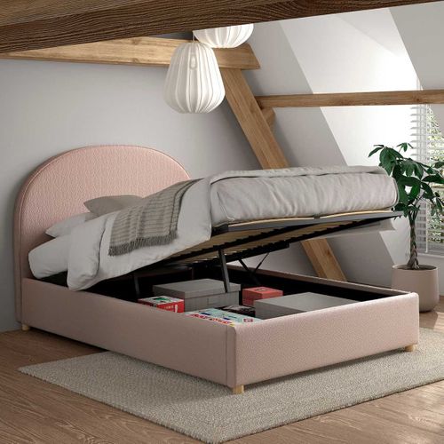 Lit Coffre 140x200cm Tête De Lit Demi-lune Tissu Bouclé Rose - Connie