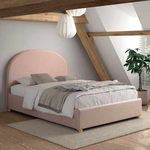 Lit Coffre 140x200cm Tête De Lit Demi-lune Tissu Bouclé Rose - Connie