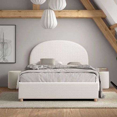 Pack Lit Coffre 140x200cm Tête Demi-lune + 2 Poufs Tissu Bouclé Blanc - Connie