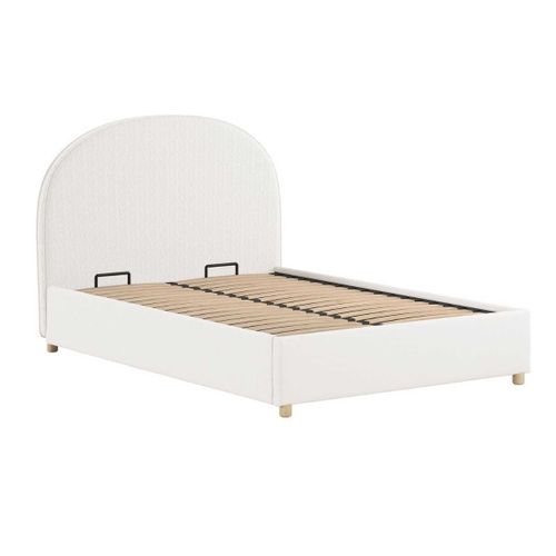 Pack Lit Coffre 140x200cm Tête Demi-lune + 2 Poufs Tissu Bouclé Blanc - Connie