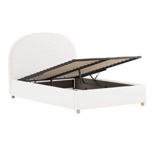 Pack Lit Coffre 140x200cm Tête Demi-lune + 2 Poufs Tissu Bouclé Blanc - Connie