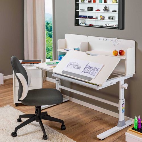 Bureau Enfant Avec étagères Technique Réglable En Hauteur Blanc En Mdf Et Piètement En Métal - Tech