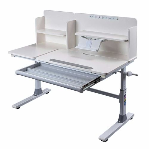 Bureau Enfant Avec étagères Technique Réglable En Hauteur Blanc En Mdf Et Piètement En Métal - Tech