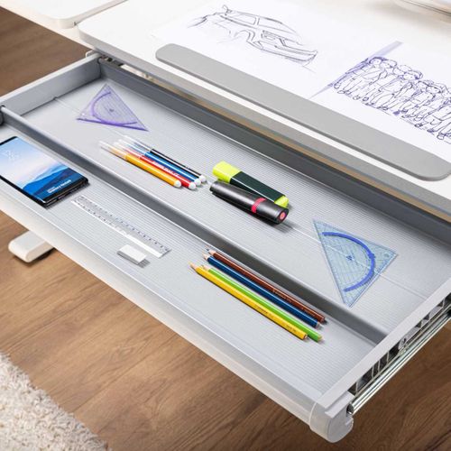 Bureau Enfant Avec étagères Technique Réglable En Hauteur Blanc En Mdf Et Piètement En Métal - Tech