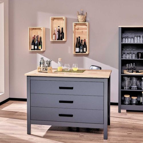 Ilot De Cuisine Anthracite Et Plateau Effet Bois Avec Un Côté 3 Tiroirs Et 1 Côté 2 étagères - Kenn