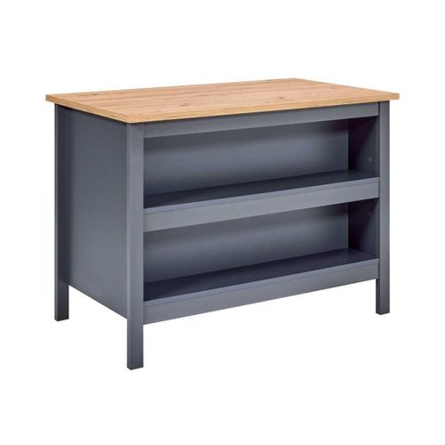 Ilot De Cuisine Anthracite Et Plateau Effet Bois Avec Un Côté 3 Tiroirs Et 1 Côté 2 étagères - Kenn