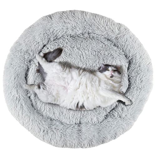 Coussin Pour Animaux Rond Diamètre 80 Cm En Fourrure Synthétique Ultra Douce Gris -
