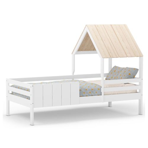 Lit à Barrières 90x190 Avec Tête De Lit Cabane En Mdf Laqué Blanc Et Pin Naturel - Nadia