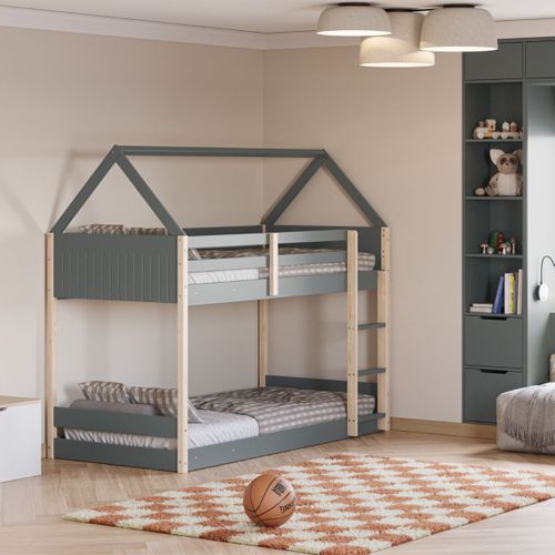 Lit Superposé Avec Premier Couchage Au Sol 90x190 En Mdf Laqué Vert Kaki Et Pin Naturel - Lilas