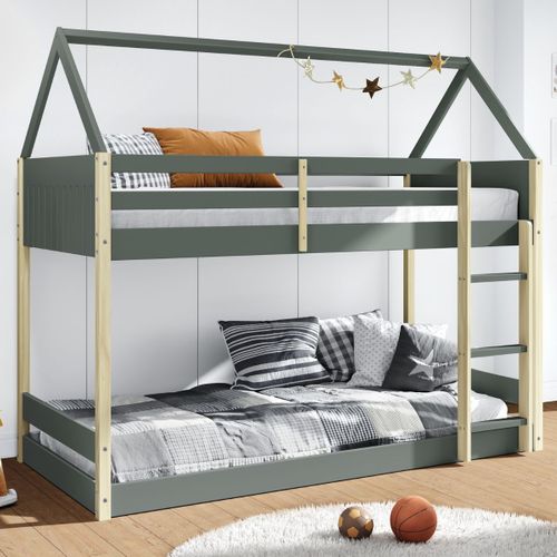 Lit Superposé Avec Premier Couchage Au Sol 90x190 En Mdf Laqué Vert Kaki Et Pin Naturel - Lilas