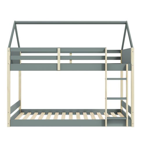 Lit Superposé Avec Premier Couchage Au Sol 90x190 En Mdf Laqué Vert Kaki Et Pin Naturel - Lilas