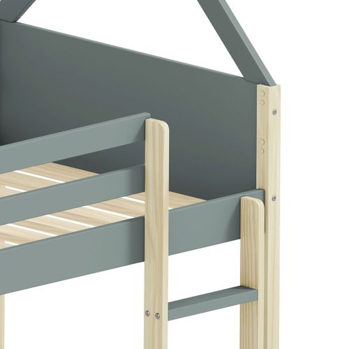 Lit Superposé Avec Premier Couchage Au Sol 90x190 En Mdf Laqué Vert Kaki Et Pin Naturel - Lilas