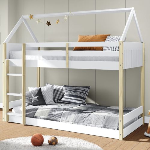 Lit Superposé Avec Premier Couchage Au Sol 90x190 En Mdf Laqué Blanc Et Pin Naturel - Lilas