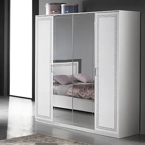 Fadily - Armoire 4 Portes Laquée Blanc Avec Sérigraphies
