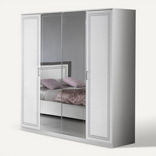 Fadily - Armoire 4 Portes Laquée Blanc Avec Sérigraphies