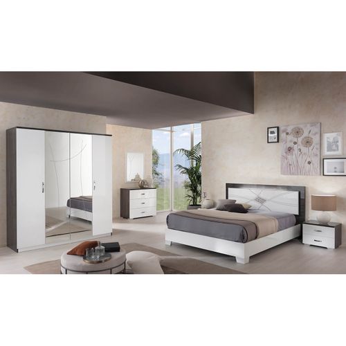 Armoire 4 Portes Laqué Blanc Et Chêne Anthracite - Lucia