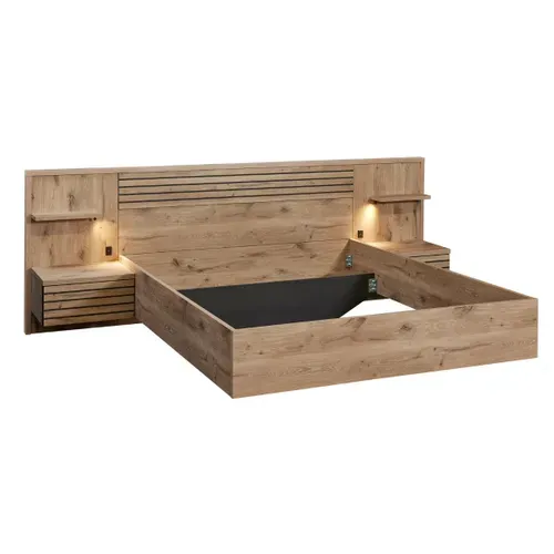 Lit 180x200cm Avec Tête De Lit Chevets Suspendus Et éclairage Intégré Aspect Bois Et Noir - Nikita