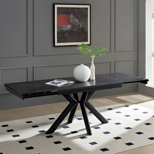 Table Repas 180x90cm Allongeable Plateau En Verre Et Céramique Finition Chêne Pied Étoile Sable