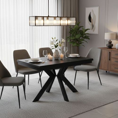 Table Repas 180x90cm Allongeable Plateau En Verre Et Céramique Finition Chêne Pied Étoile Sable
