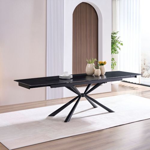 Table Repas 180x90cm Allongeable Plateau Céramique Finition Marbre Pied étoile Anthracite - Eclipse