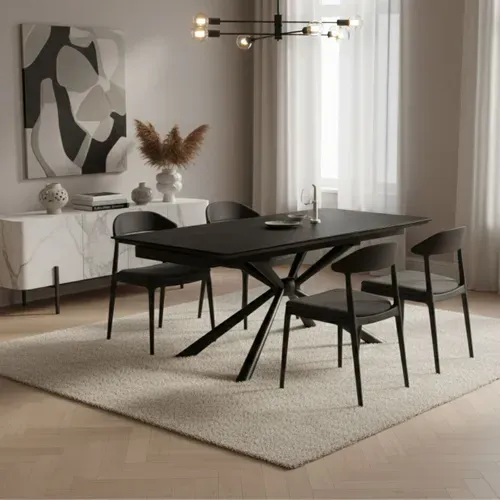 Table Repas 180x90cm Allongeable Plateau Céramique Finition Marbre Pied étoile Anthracite - Eclipse