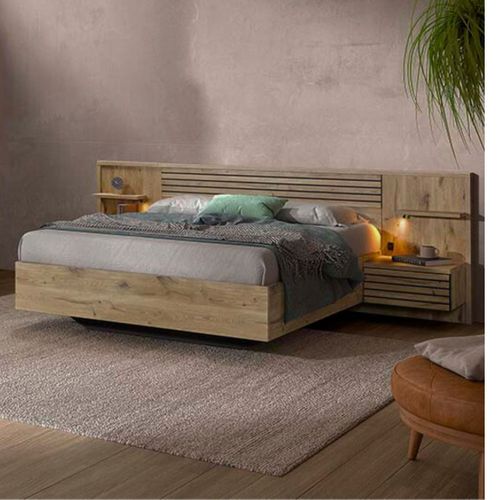 Chambre Complète Lit 180x200cm + Tête De Lit Avec Chevet Et LEDs + Commode + Armoire Aspect Bois Et